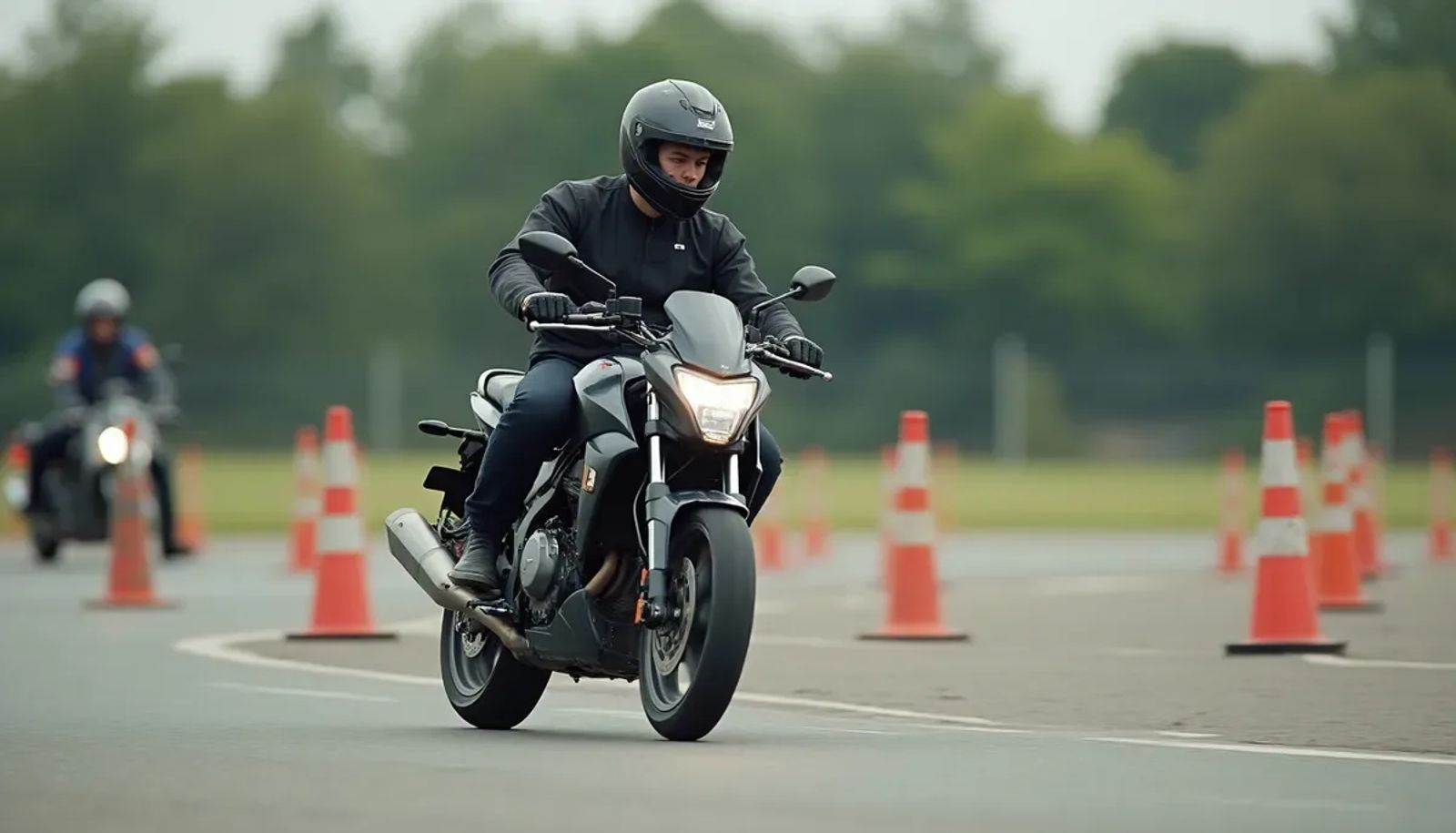 Conducteur moto en formation sur une piste d'auto-école française