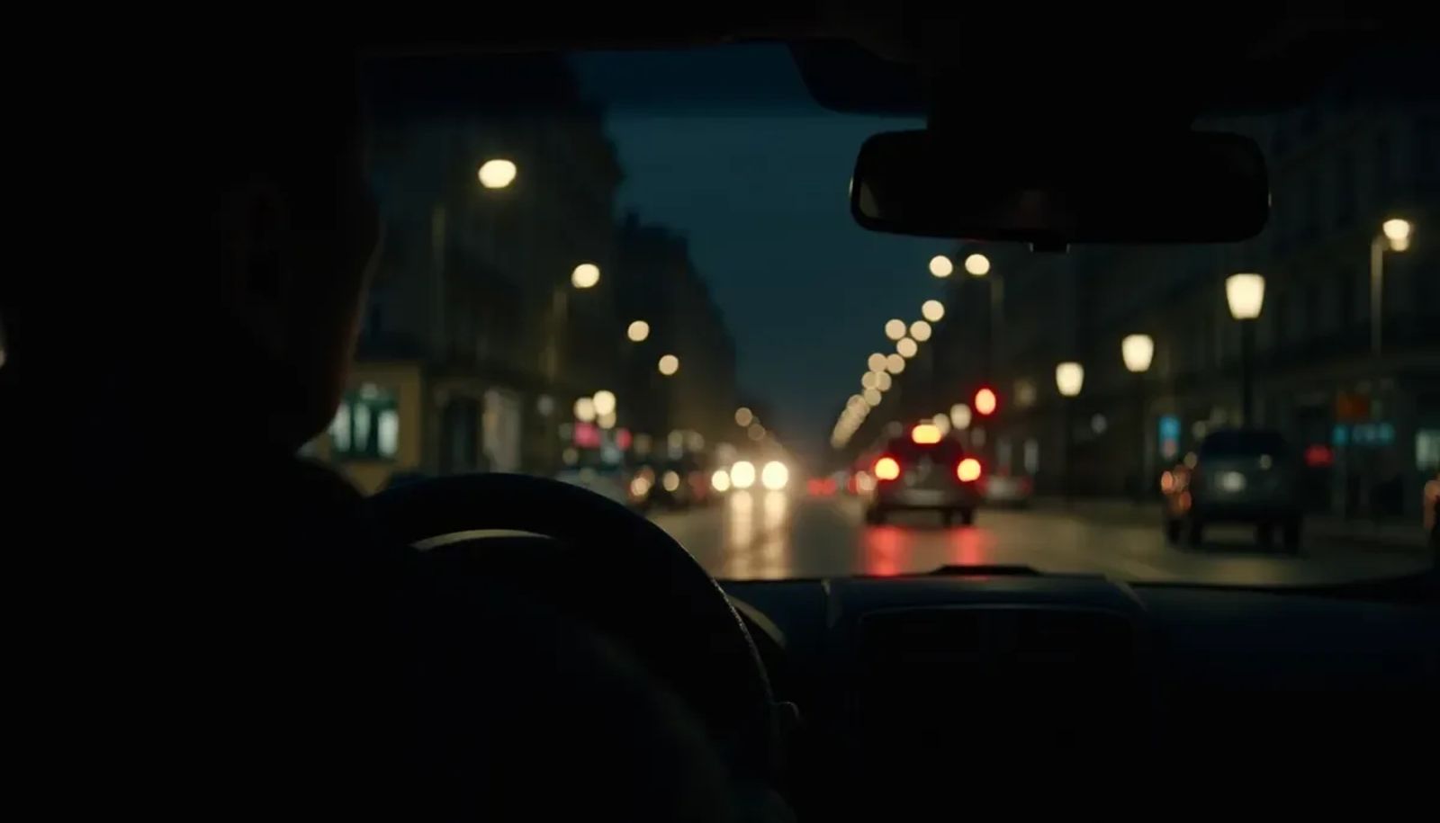Rue parisienne la nuit avec phares et lampadaires allumés