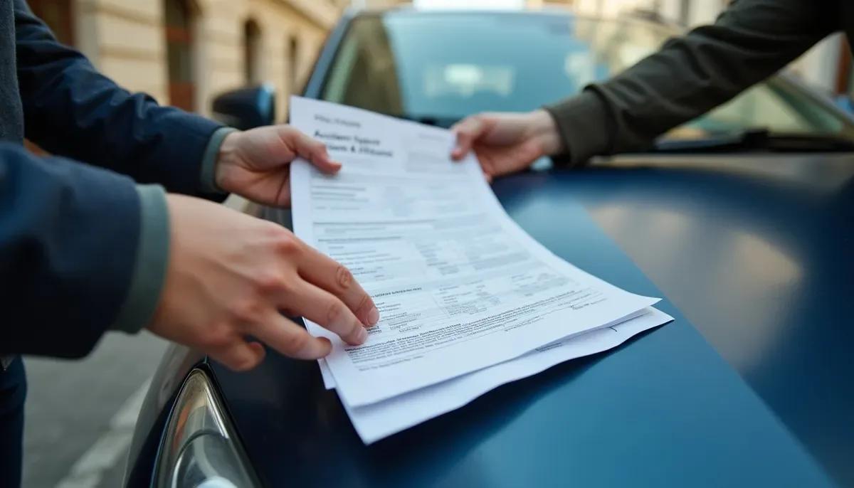 Deux conducteurs remplissant un constat amiable à côté de leurs véhicules