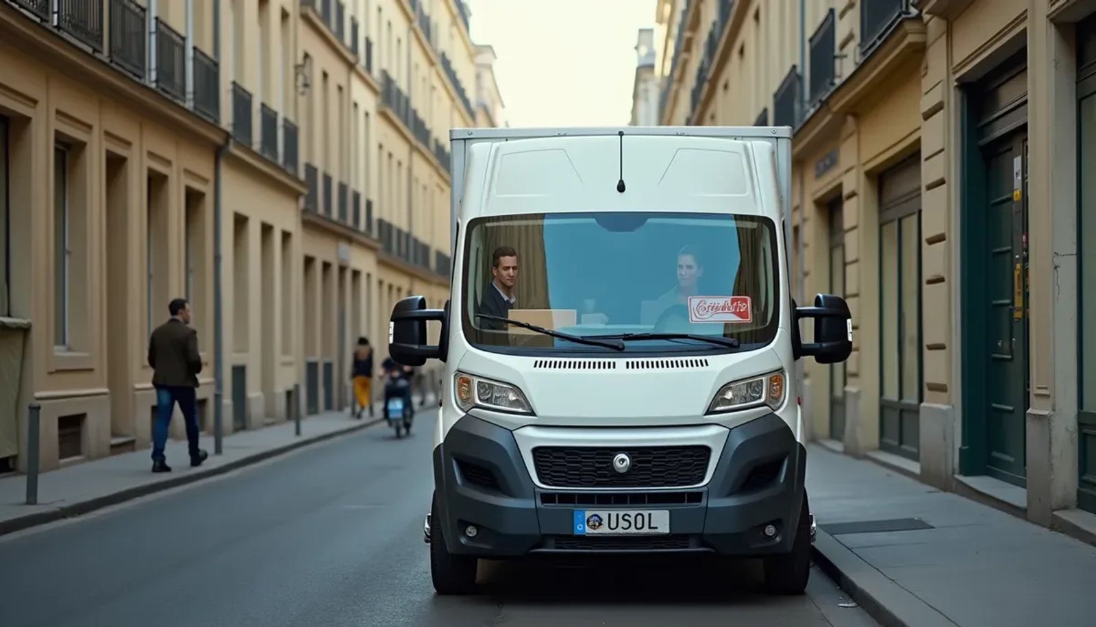 Camionnette utilitaire blanche en livraison dans une rue parisienne