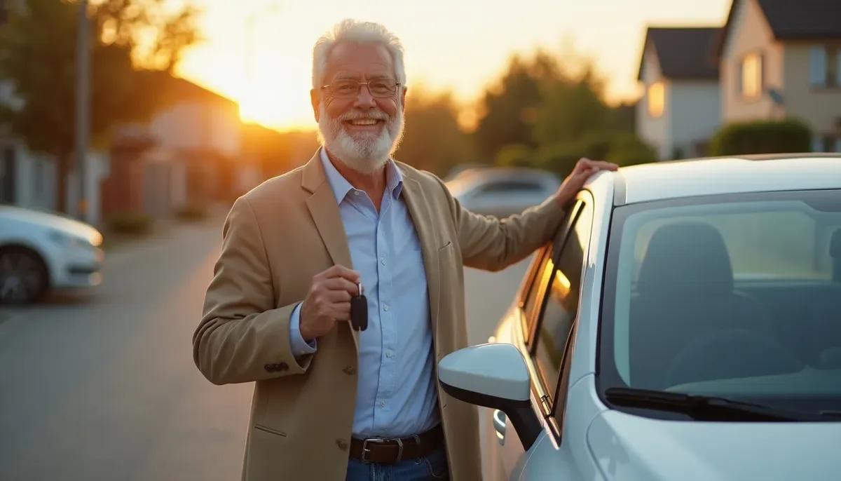 Conducteur senior souriant au volant d'une berline sur une route paisible