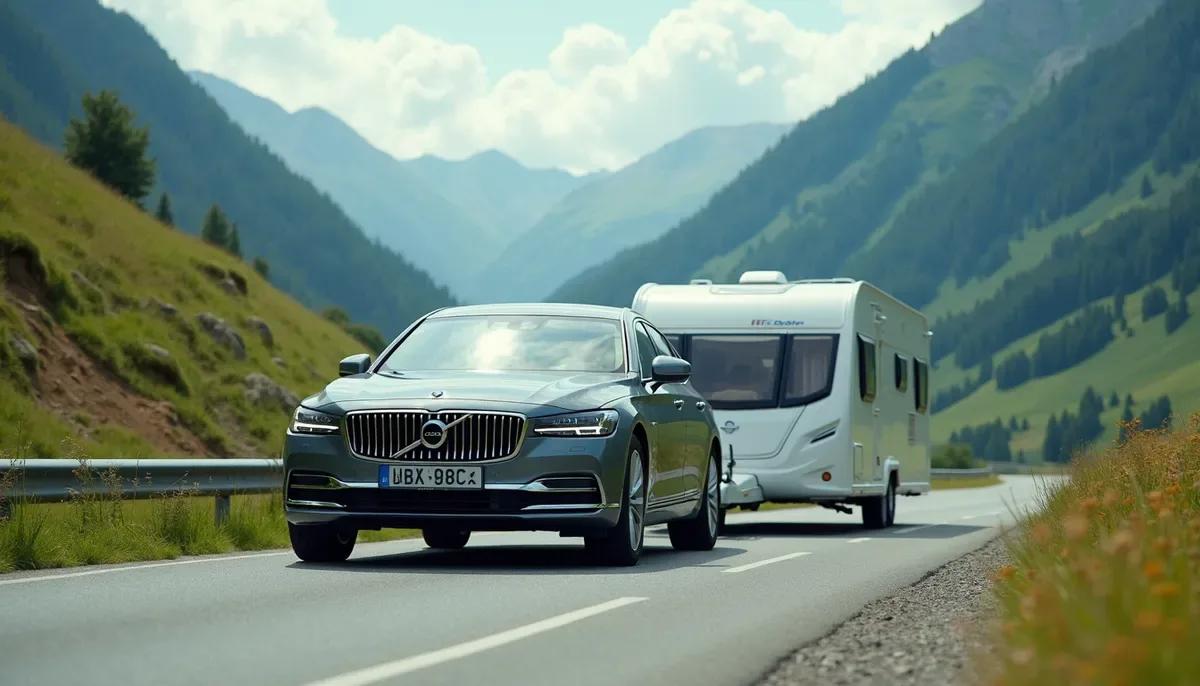 Voiture tractant une remorque porte-chevaux sur route de campagne