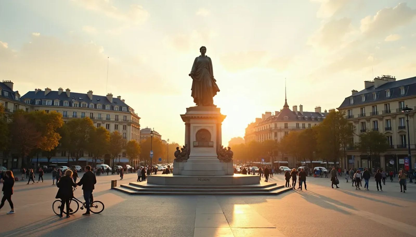 Place de la République à Paris avec statue de Marianne et trafic