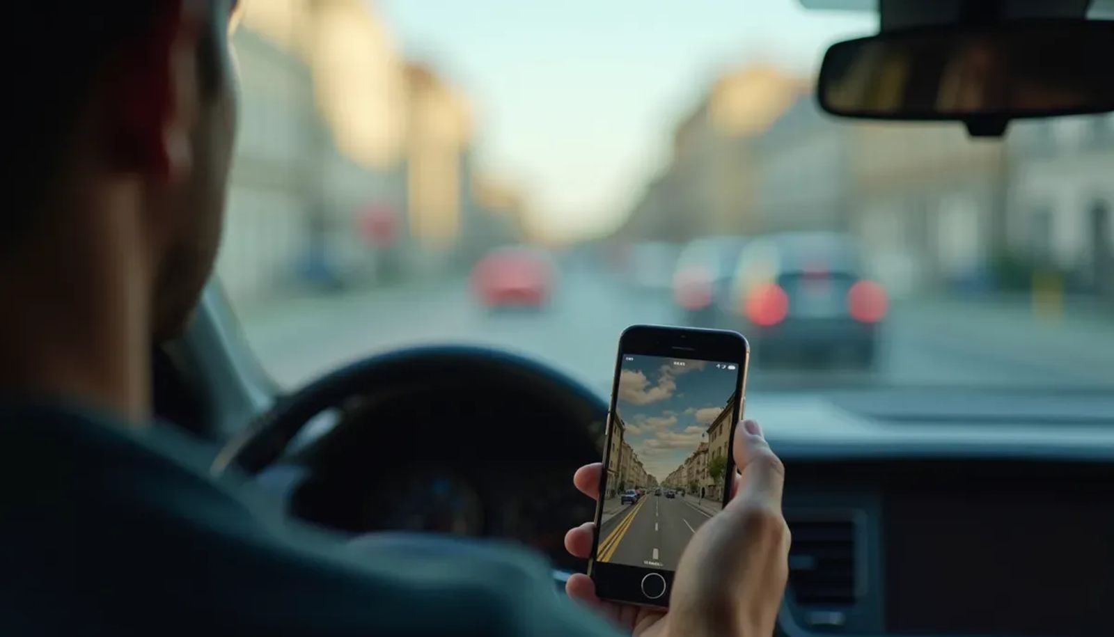 Conducteur utilisant un téléphone portable au volant d'une voiture sur une route française