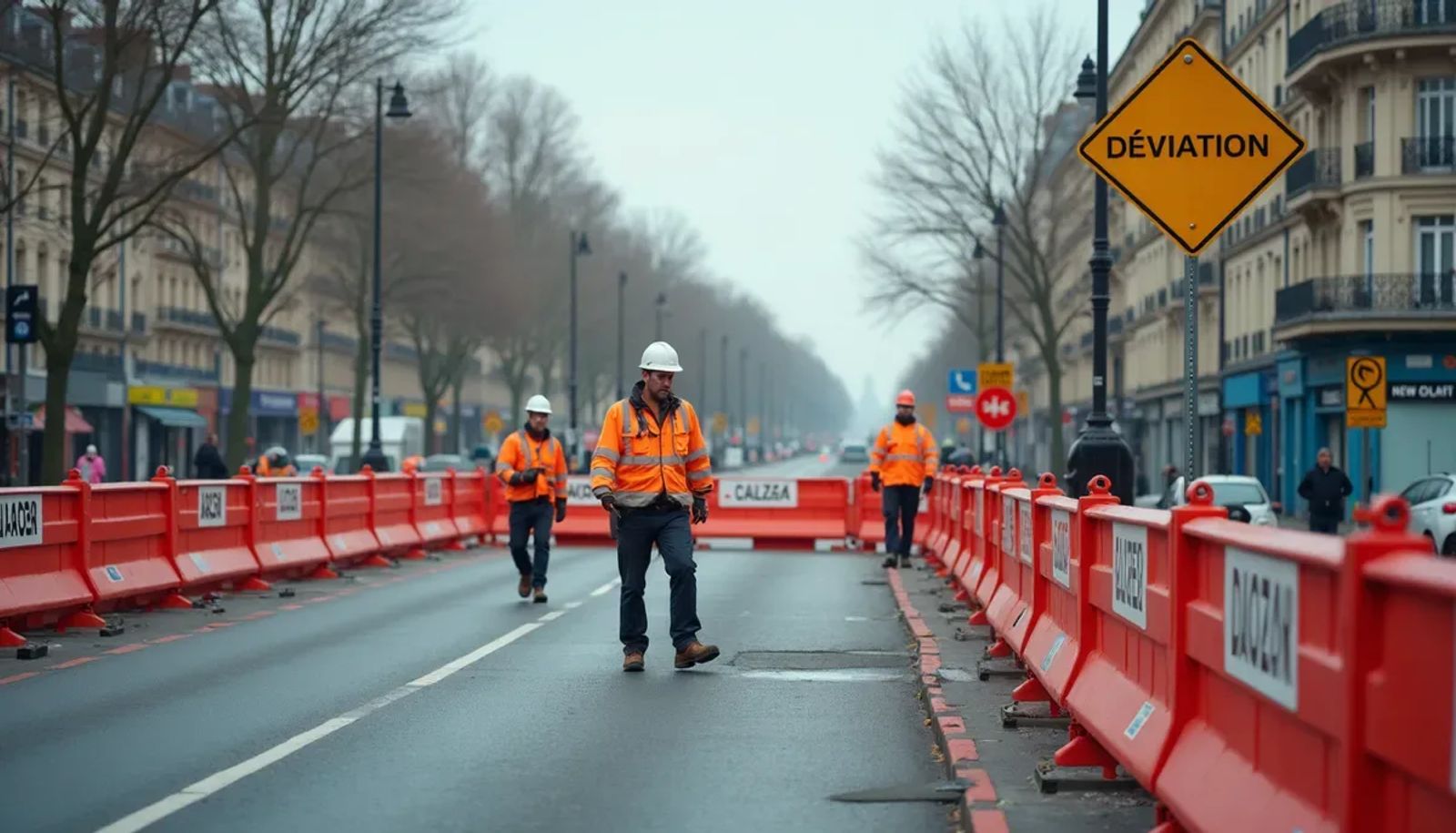 Chantier de voirie à Paris avec panneaux de déviation