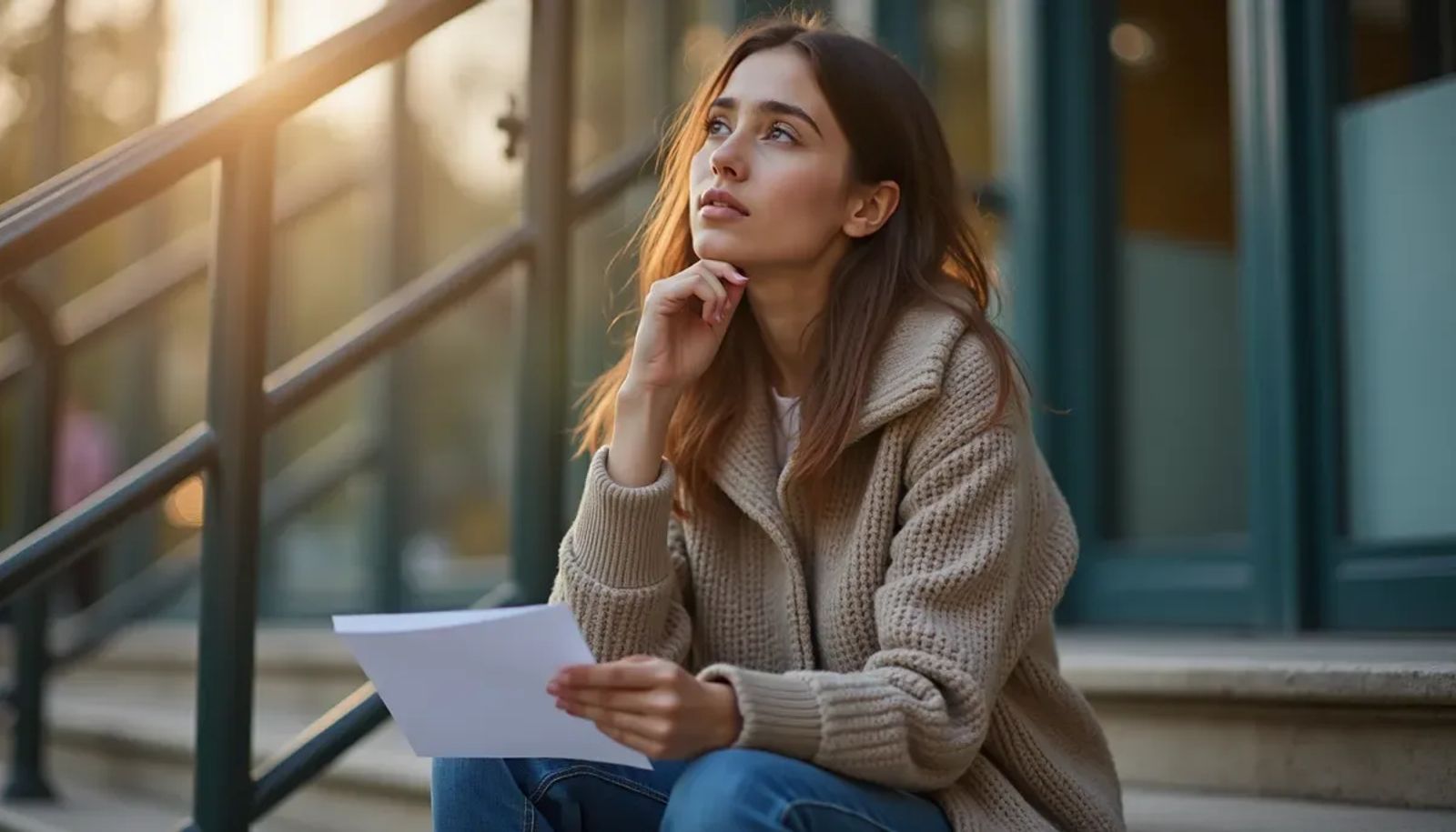 Jeune candidate assise pensive devant un bâtiment d'examen parisien
