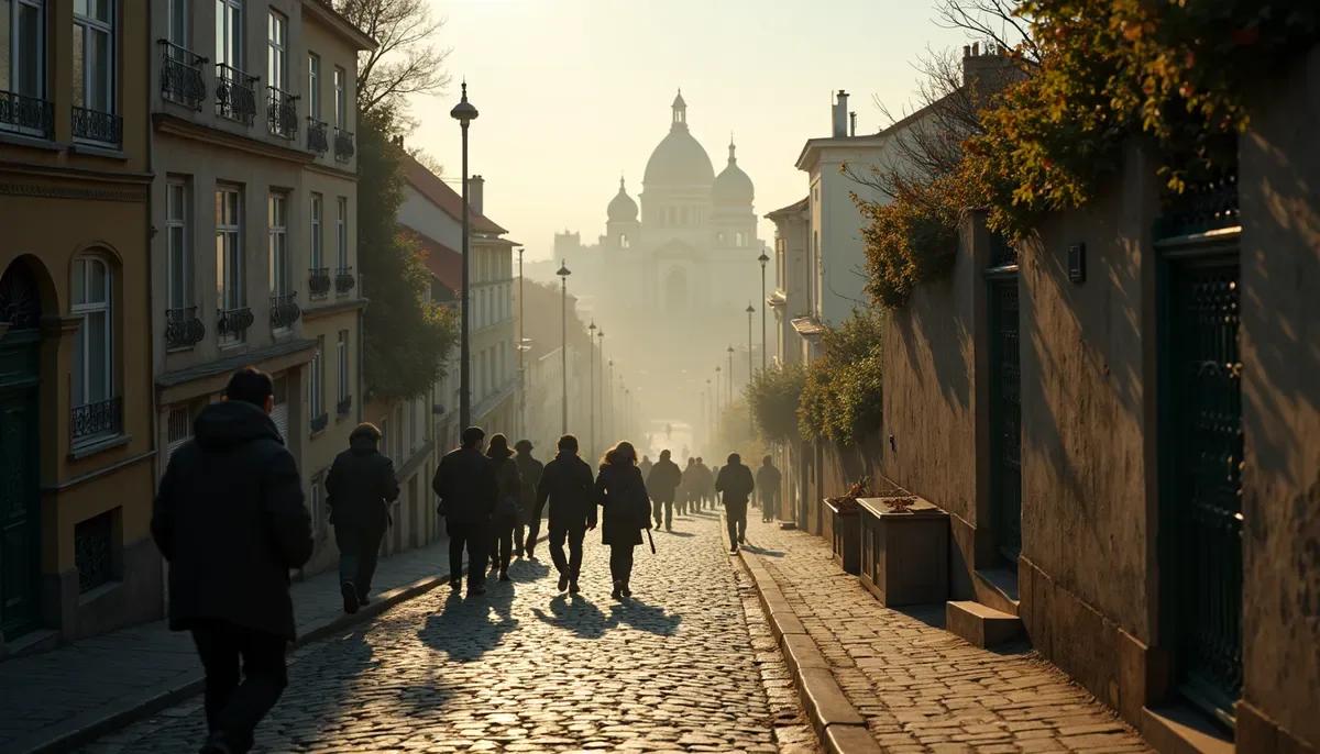 Rue en pente du 18e arrondissement avec Sacré-Cœur au sommet