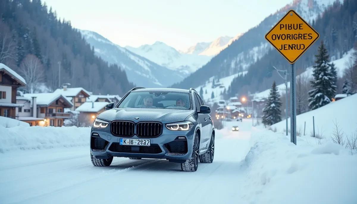 Voiture équipée de pneus hiver sur route enneigée en montagne