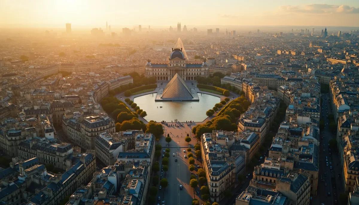 Vue aérienne du centre de Paris avec Louvre et Île de la Cité