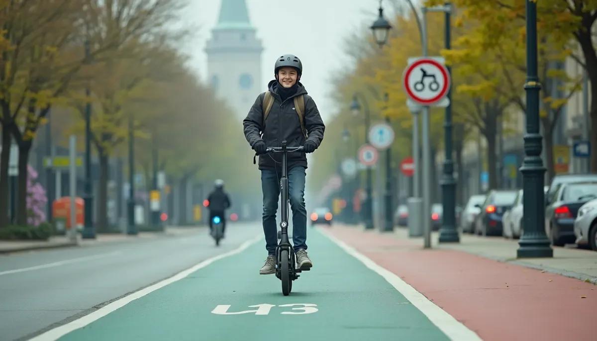 Jeune femme équipée d'un casque sur une trottinette électrique en ville