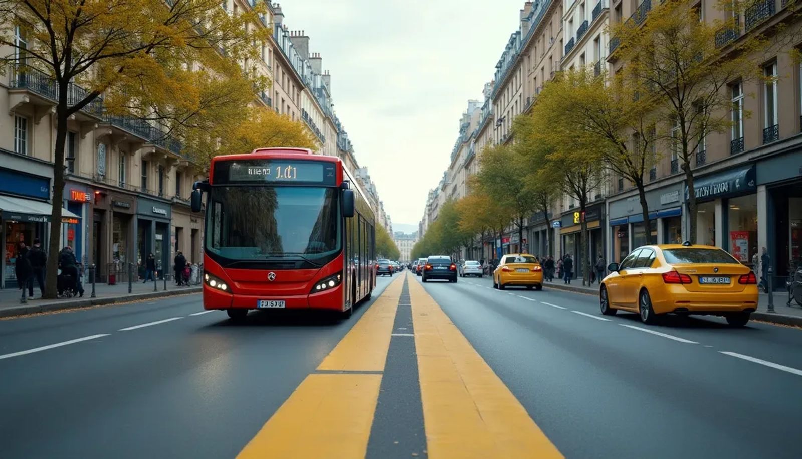 Couloir de bus à Paris avec bus RATP et taxi en circulation
