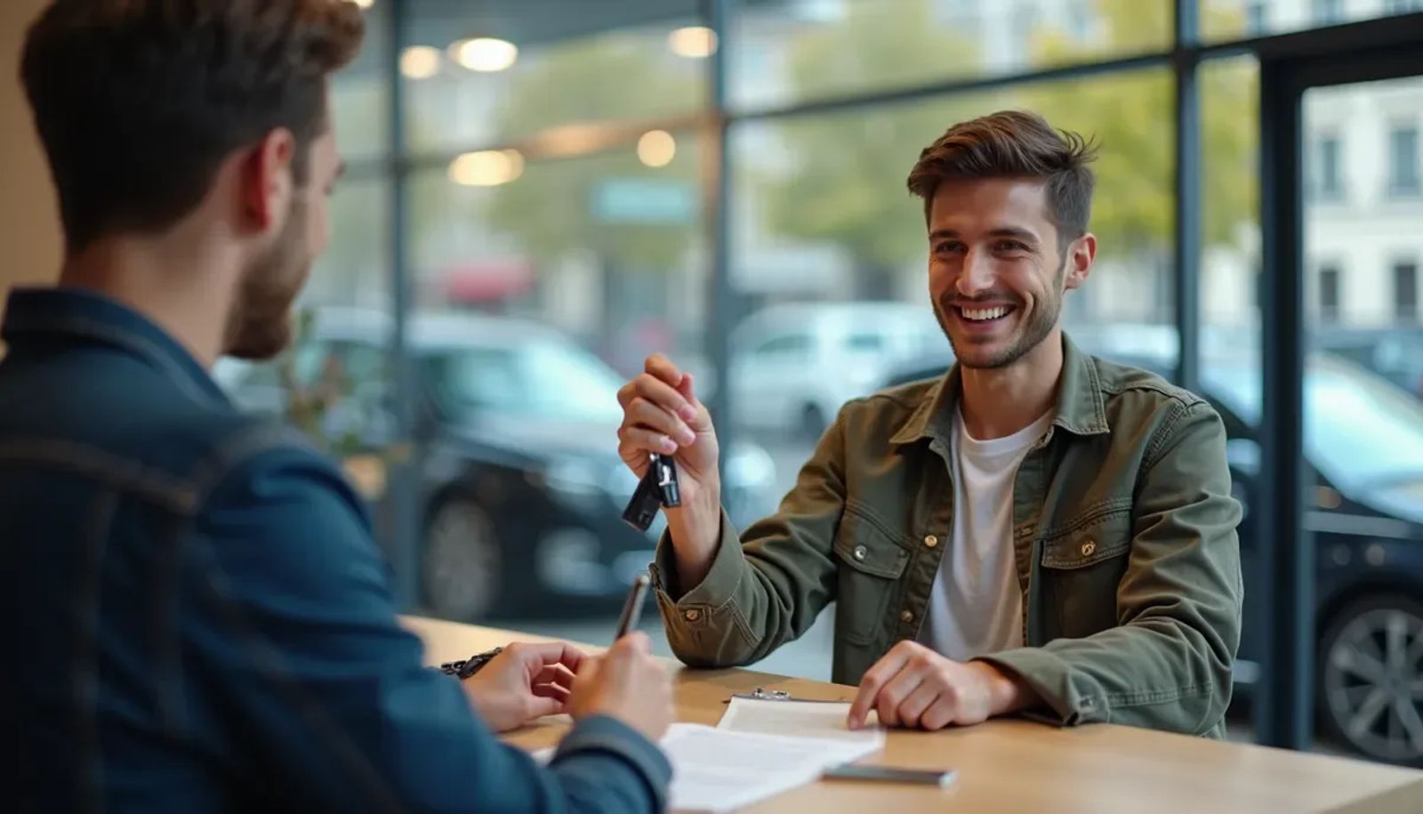 Jeune conducteur signant un contrat de location de voiture à Paris