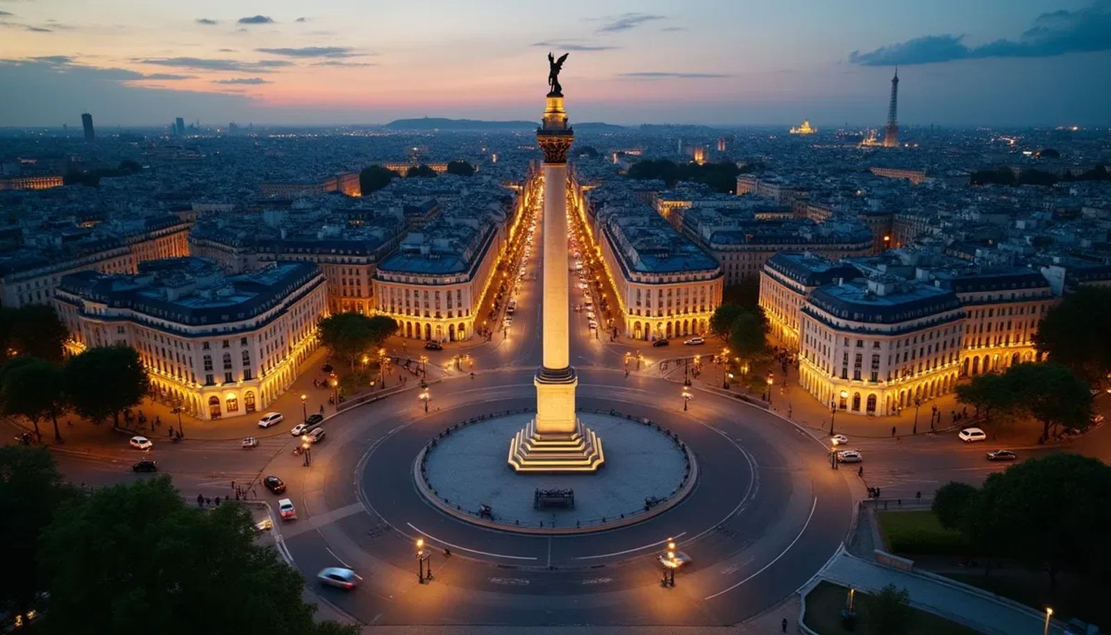 Vue aérienne de la place de la Bastille à Paris avec trafic