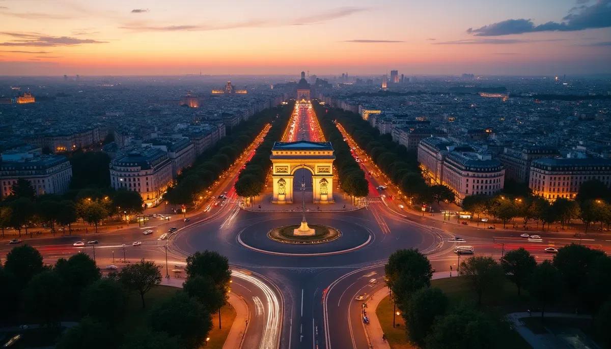 Arc de Triomphe et place de l'Étoile vue aérienne nuit