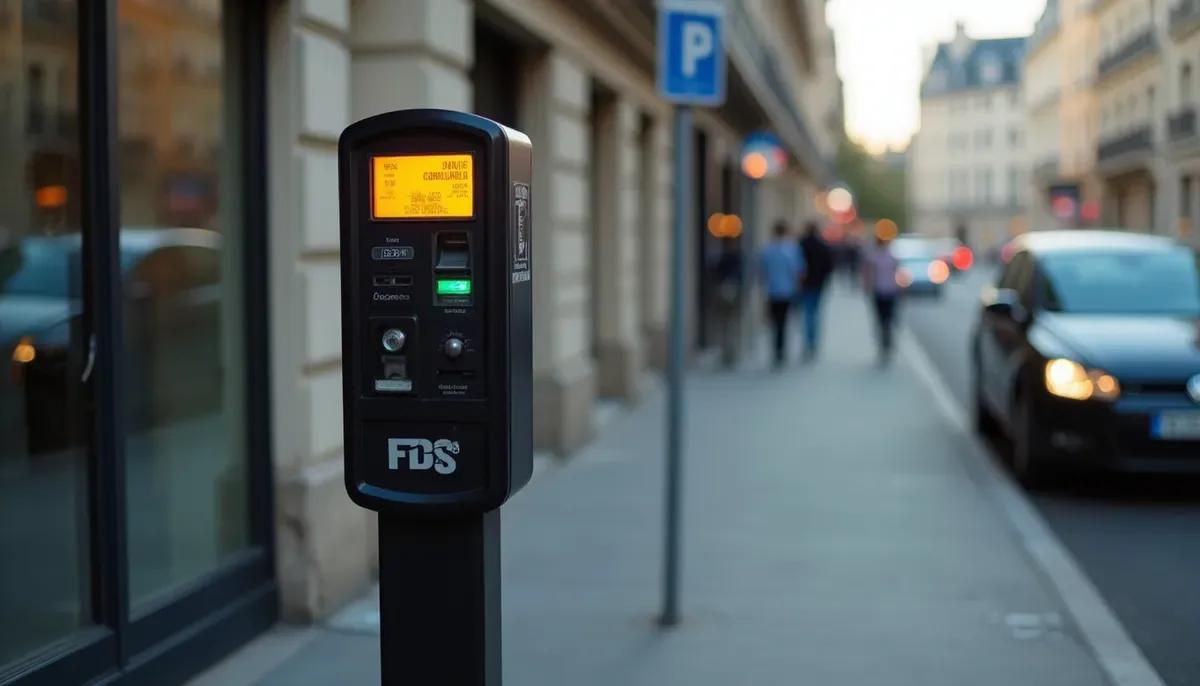 Horodateur moderne à Paris et voiture stationnée en rue