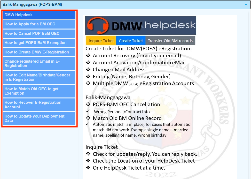 DMW Help Desk instructions for helpers facing IT errors while applying for OEC