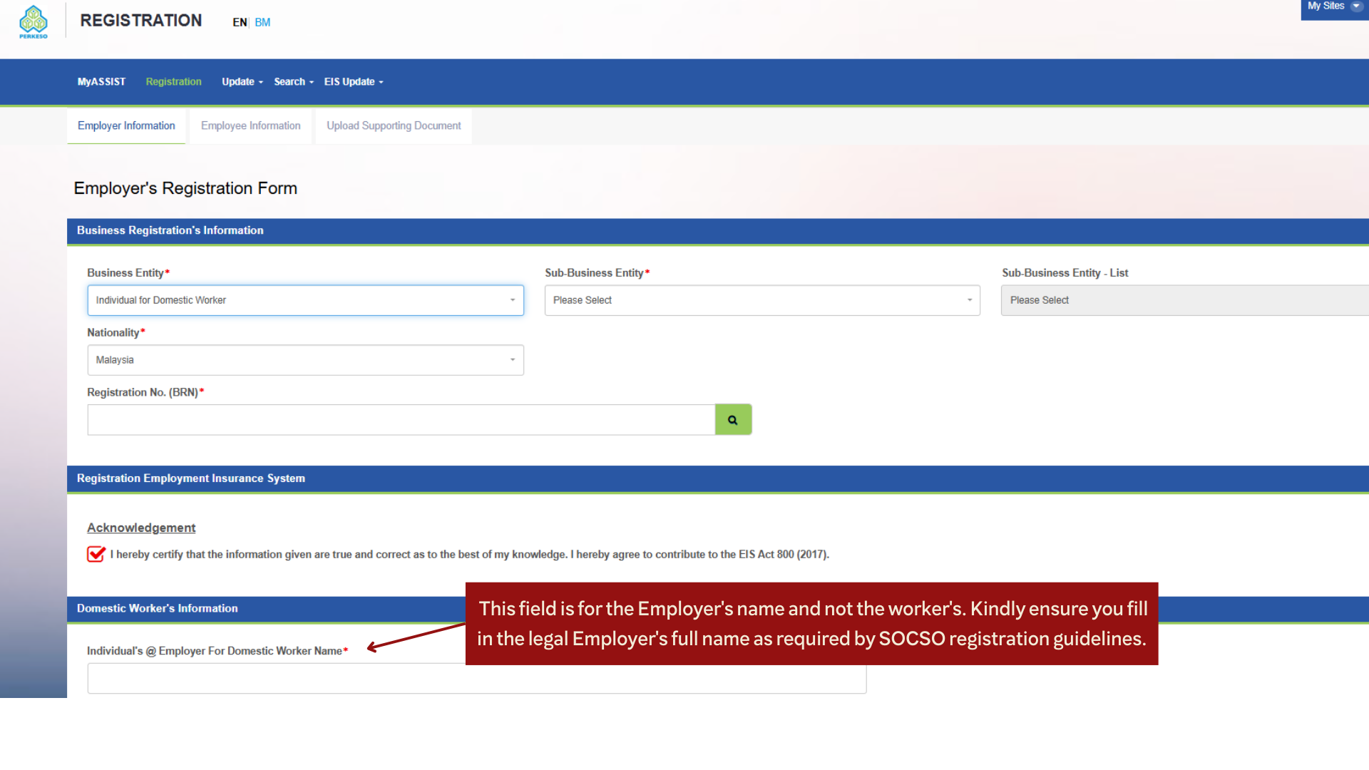 Employer's Registration Form on SOCSO Assist Portal