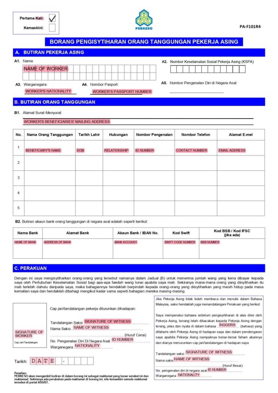 Guide for Borang Pengisytiharan Orang Tanggungan Pekerja Asing / Domestic Worker's Beneficiaries Form