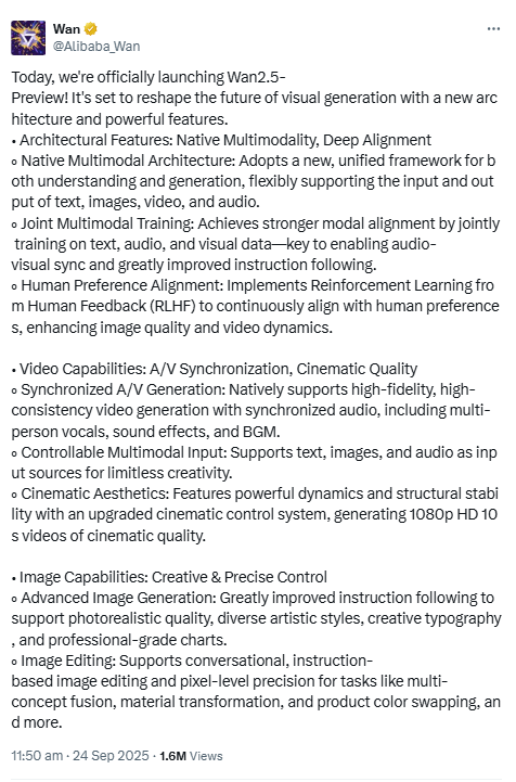 Official announcement on X about Wan 2.5