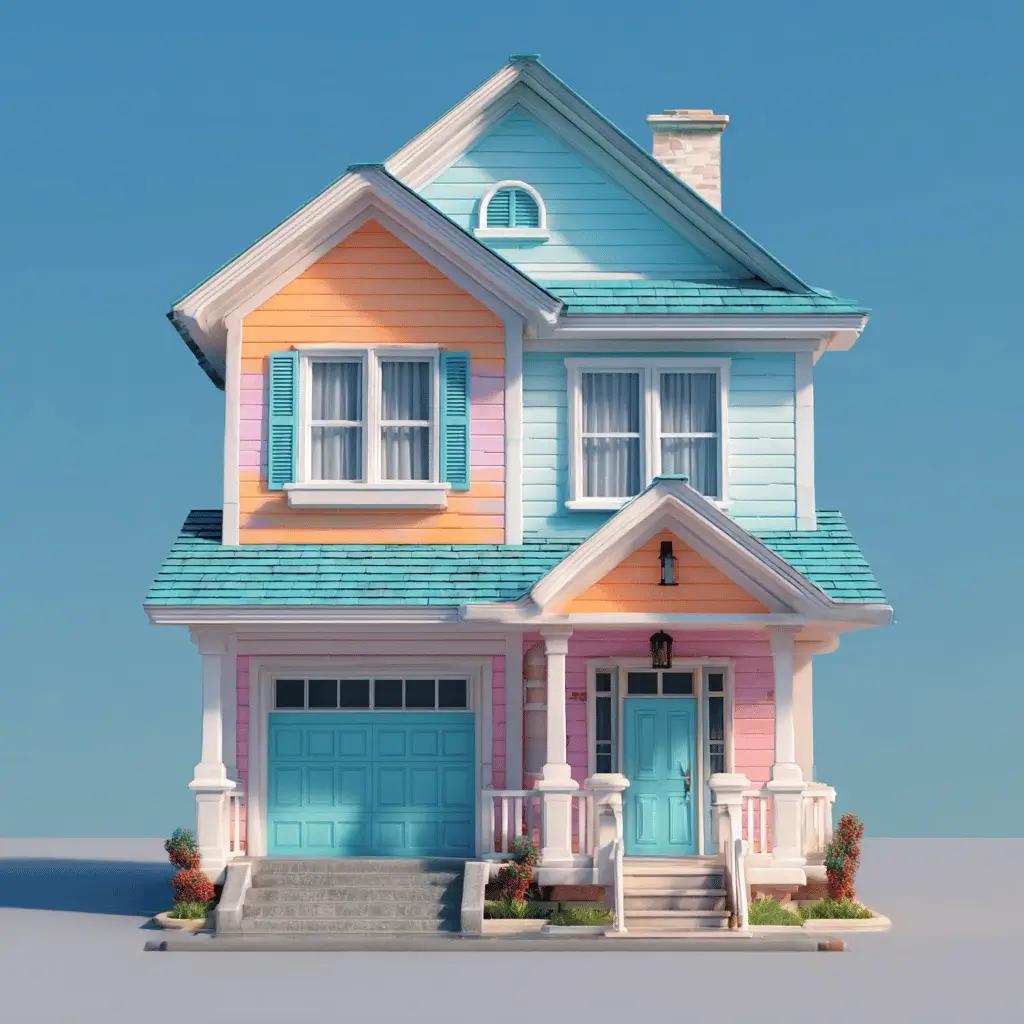 Cartoon-style pastel-colored 3D house with blue roof, orange and pink walls, designed in Fortnite aesthetic.