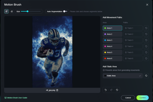 A screenshot of the motion brush settings for the image of the Dallas Cowboys Wallpaper, that will be used as input into Kling API (Workflow 2)