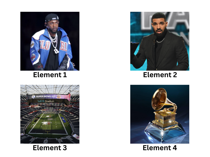 PNG image of the 4 Kling elements that are going to be used as input into Kling API for the Drake vs Kendrick example