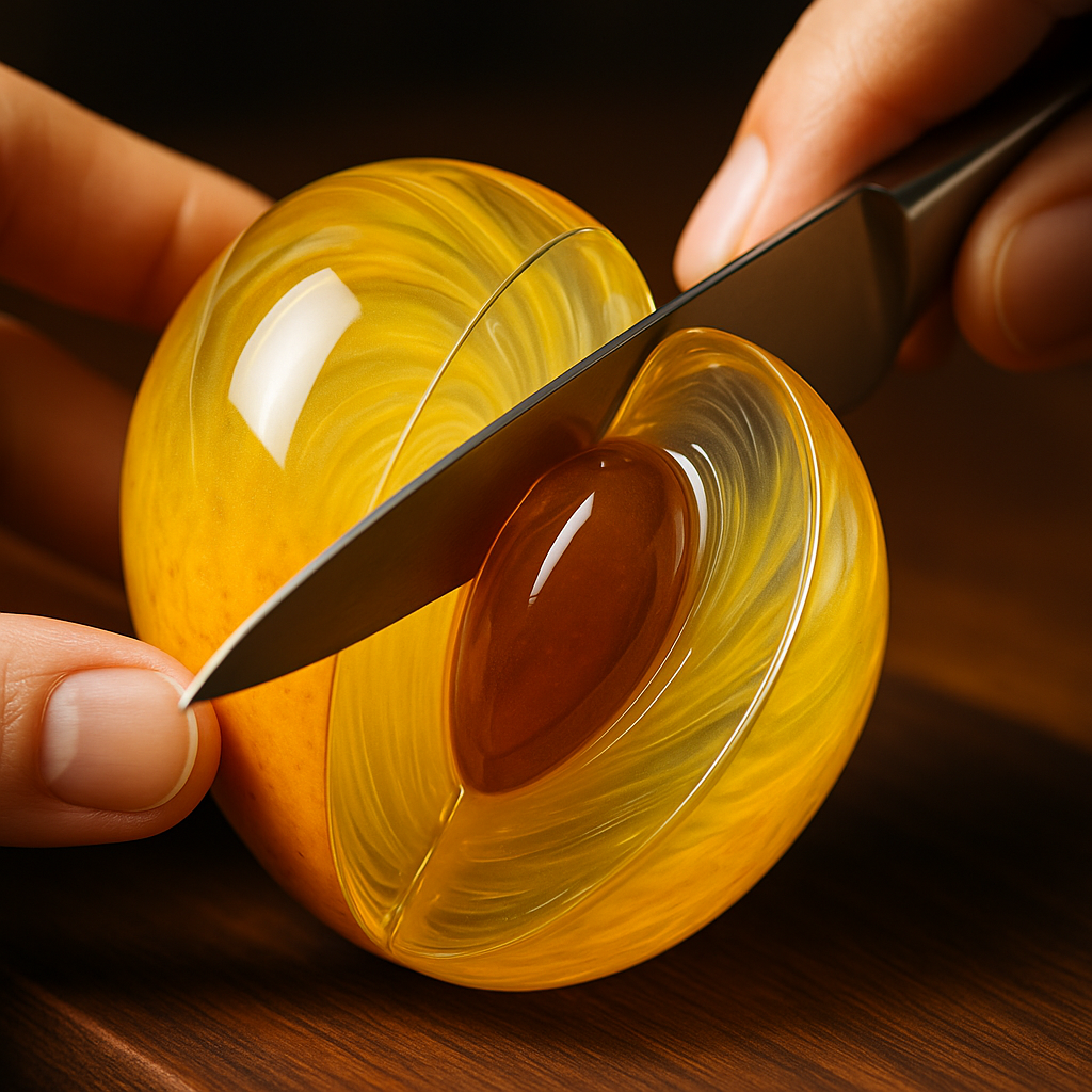Glass mango being gently sliced by AI video generator – close-up of the initial cut in ultra high detail. AI-generated video of glass mango being sliced and dropping onto cutting board – no audio. Satisfying ASMR video of glass mango sliced and falling – crisp sound and high-detail visual.