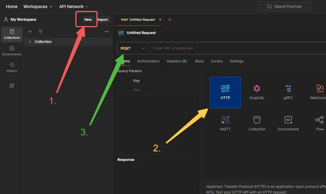 An image of a Faceswap API setup tutorial of creating a new HTTP request and changing request type to "POST" in Postman