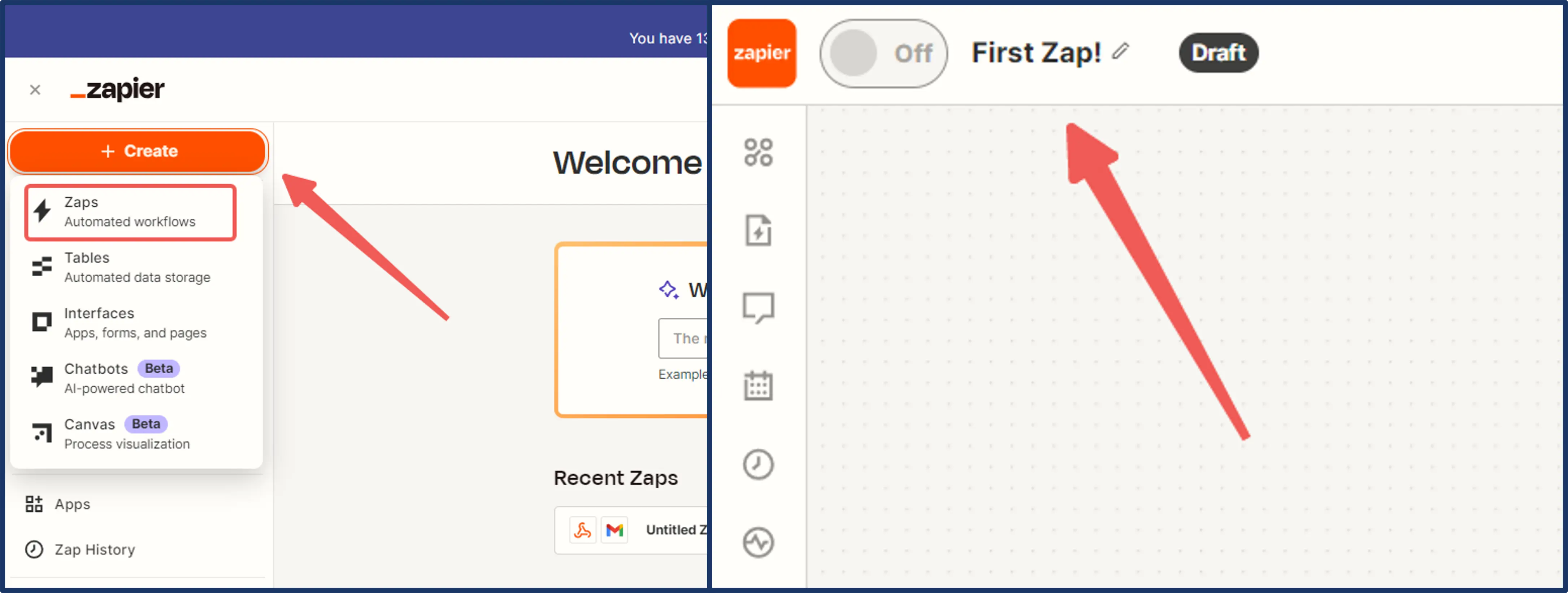 An image of an arrow pointing to a create button in Zapier's dashboard and an arrow pointing to the name of the Zap.