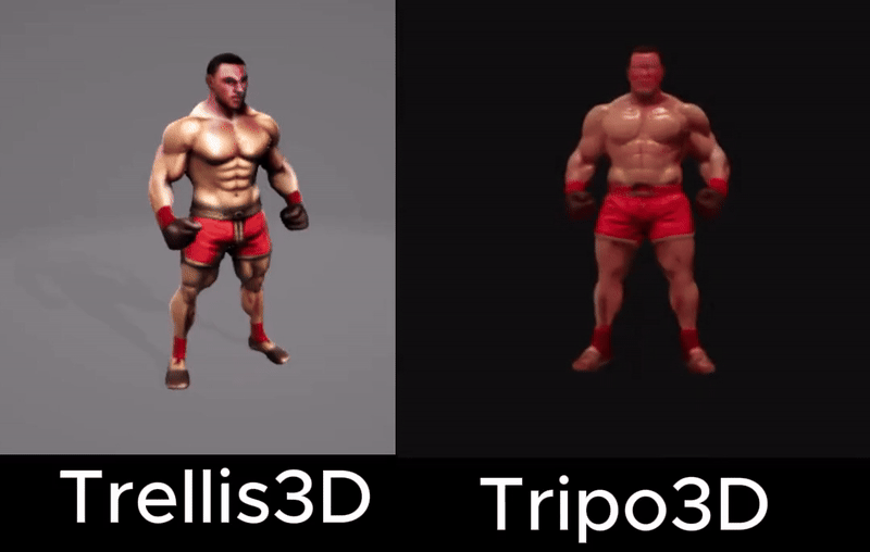 GIF of the comparison of Trellis 3D API and Trippo 3D for the Jean Claude Van Damme from bloodsport with red shorts example