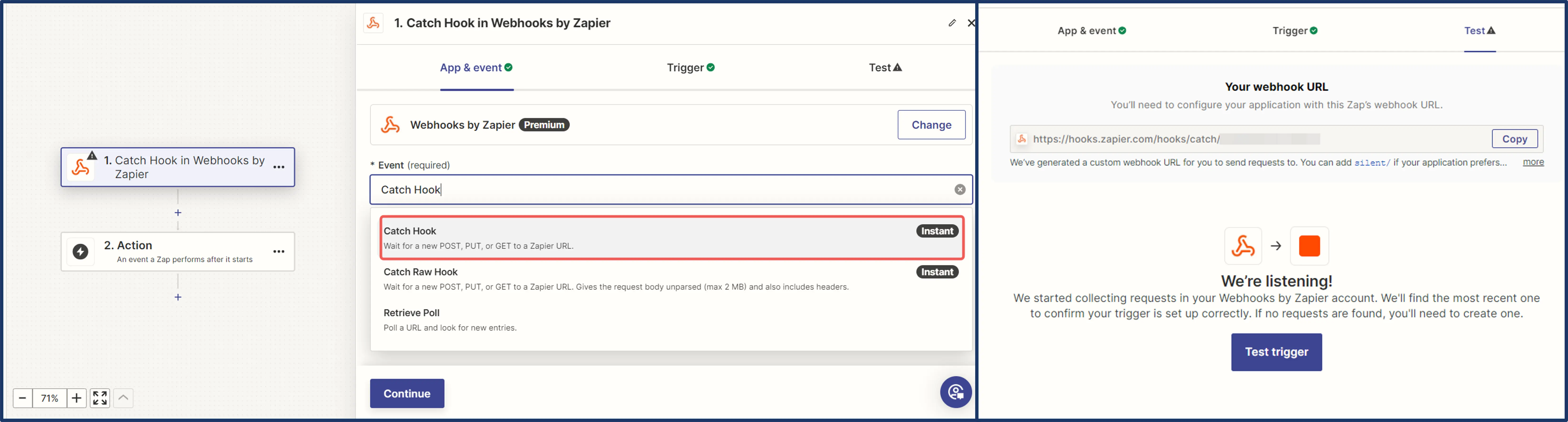 The process of setting up a webhook by selecting the "Catch Hook" event, leaving the trigger section empty and the completion of webhook with a webhook URL