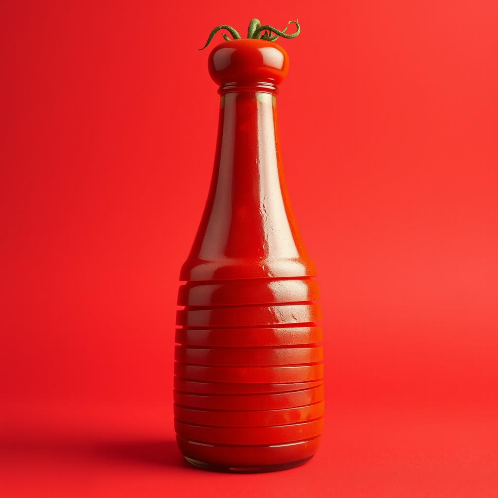 AI-generated image of a ketchup bottle designed from stacked tomato slices, set against a bright red background, created with Flux AI Generator.