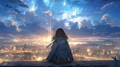 JPEG image of an anime girl looking at the sky with her back turned to the camera