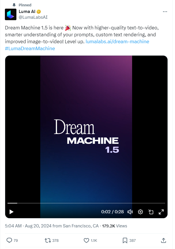 A screenshot taken from X.com showing Luma announcing that Dream Machine 1.5 is now available. 