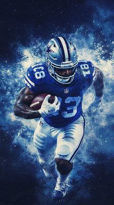 PNG image of a Dallas Cowboys player holding a football against a blue and black background, generated by Midjourney API