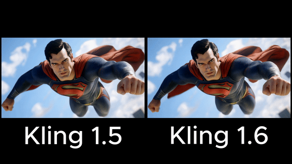 A GIF of superman flying in the sky generated by Kling API in both versions 1.5 and 1.6