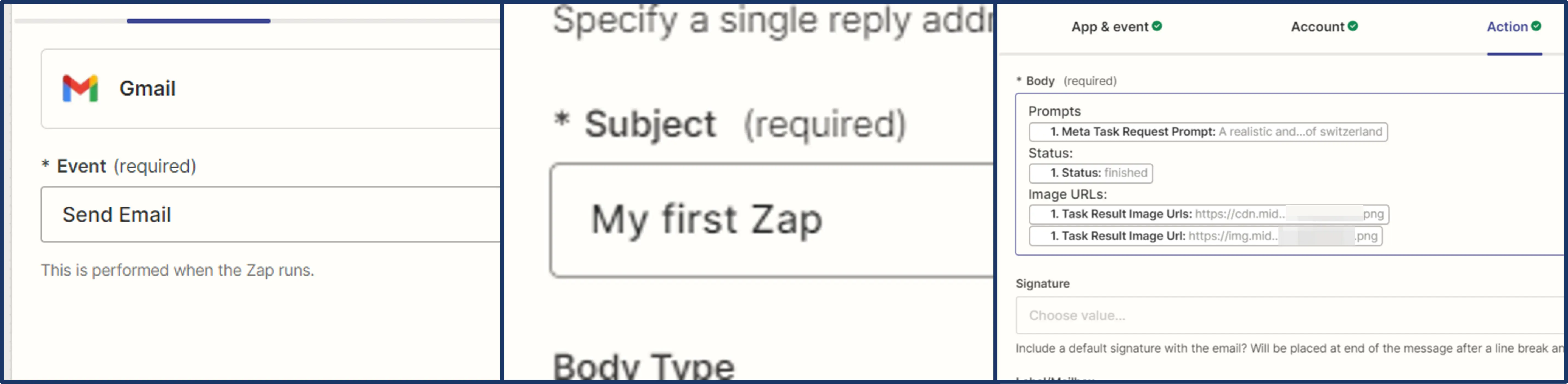 Selecting the "Send Email" event then enter the subject line into subject box  and insert data fields into the body text.