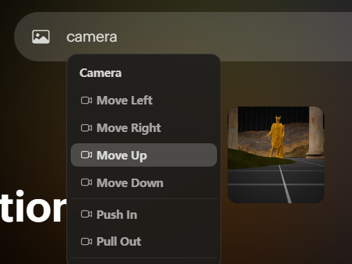 A screenshot of using Dream Machine 1.6 Camera Motion, entering "camera" in the prompt and triggering one of the 12 available camera motions.
