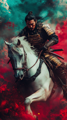 A PNG image of a samurai riding a white horse, generated by Midjourney API