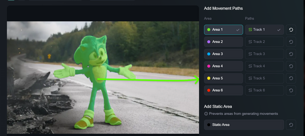 A screenshot of the motion brush settings for the image of Sonic, which will be used as input into Kling API (Workflow 2)