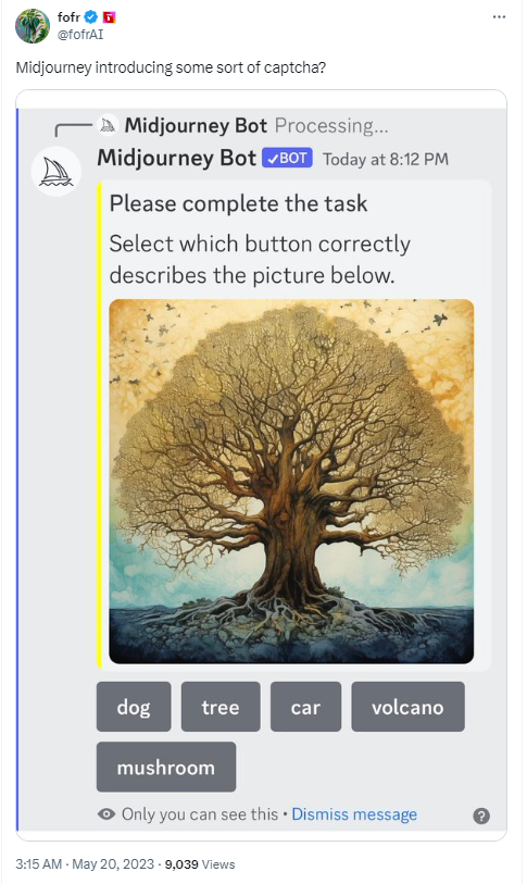 A screenshot of an X user's tweet about Midjourney implementing a CAPTCHA security feature