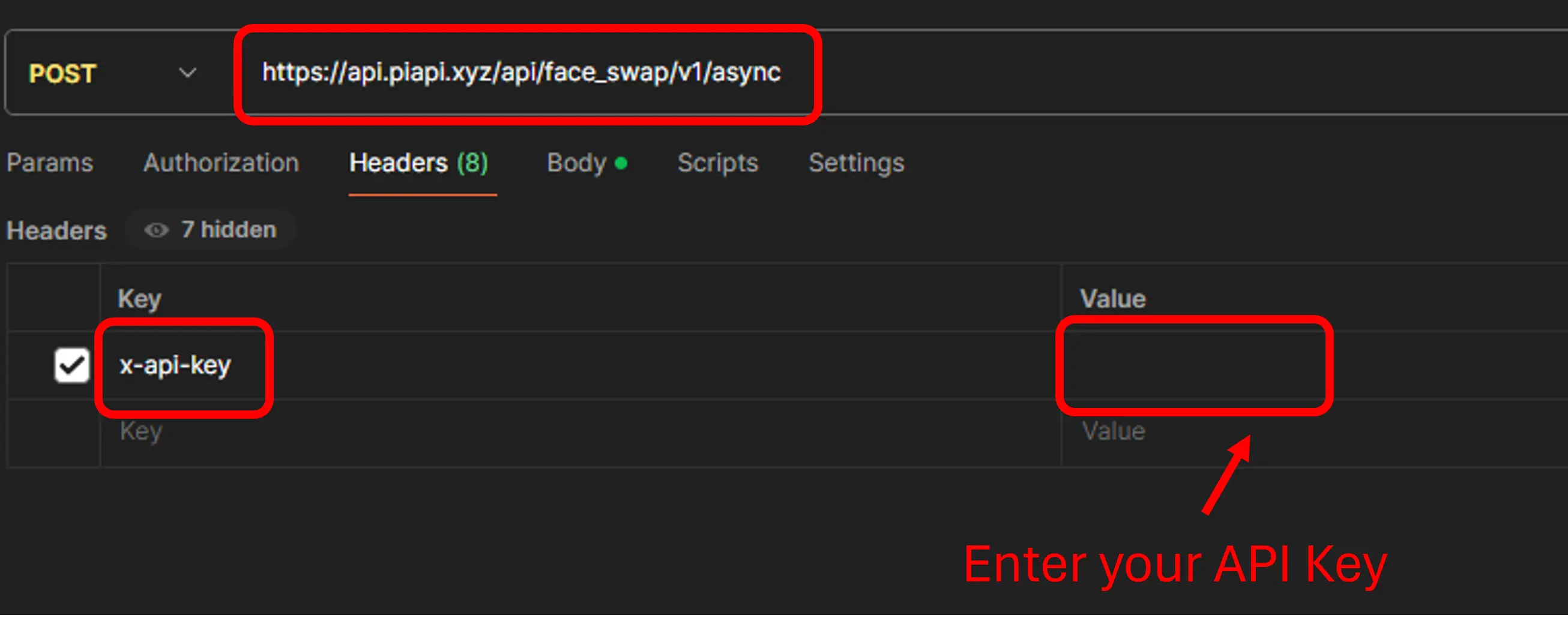 An image of a Faceswap API setup tutorial with the endpoint address, x-api-key and users' API Key in Postman