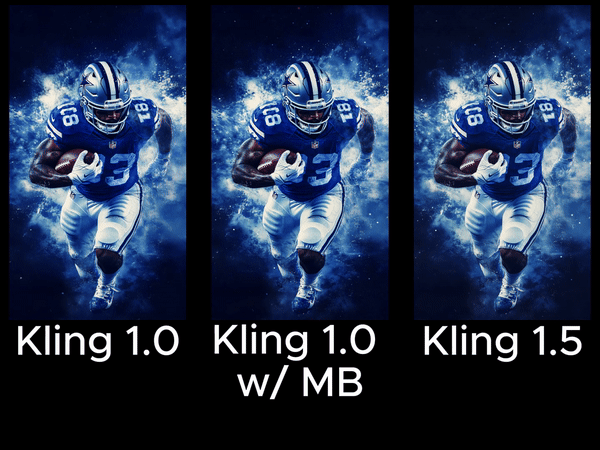 A GIF of the comparison between Kling 1.0, Kling 1.0 with motion brush, and Kling 1.5 of an animated NFL Wallpaper