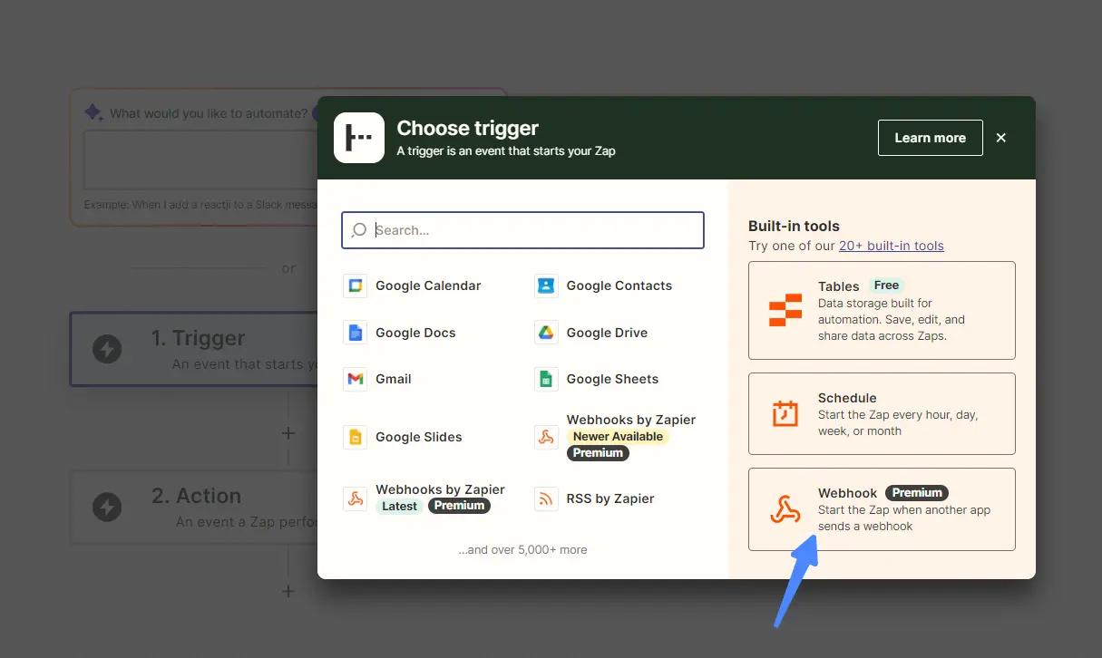 An image of an arrow pointing to the webhook trigger in Zapier's editor