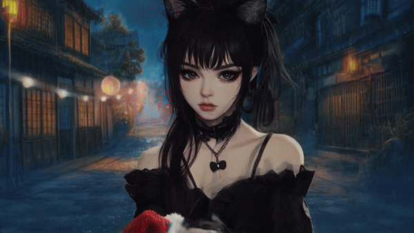 Gif of an AI generated goth anime girl petting a cat wearing a Christmas hat and a red scarf with a rainy traditional japanese town background generated by Kling API using Kling elements