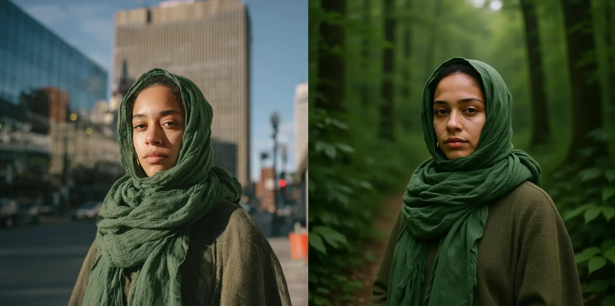 Flux AI image editing example — input photo of a woman in a city skyline versus output generated with Flux Kontext API placing her in a jungle backdrop while preserving original framing and character details.
