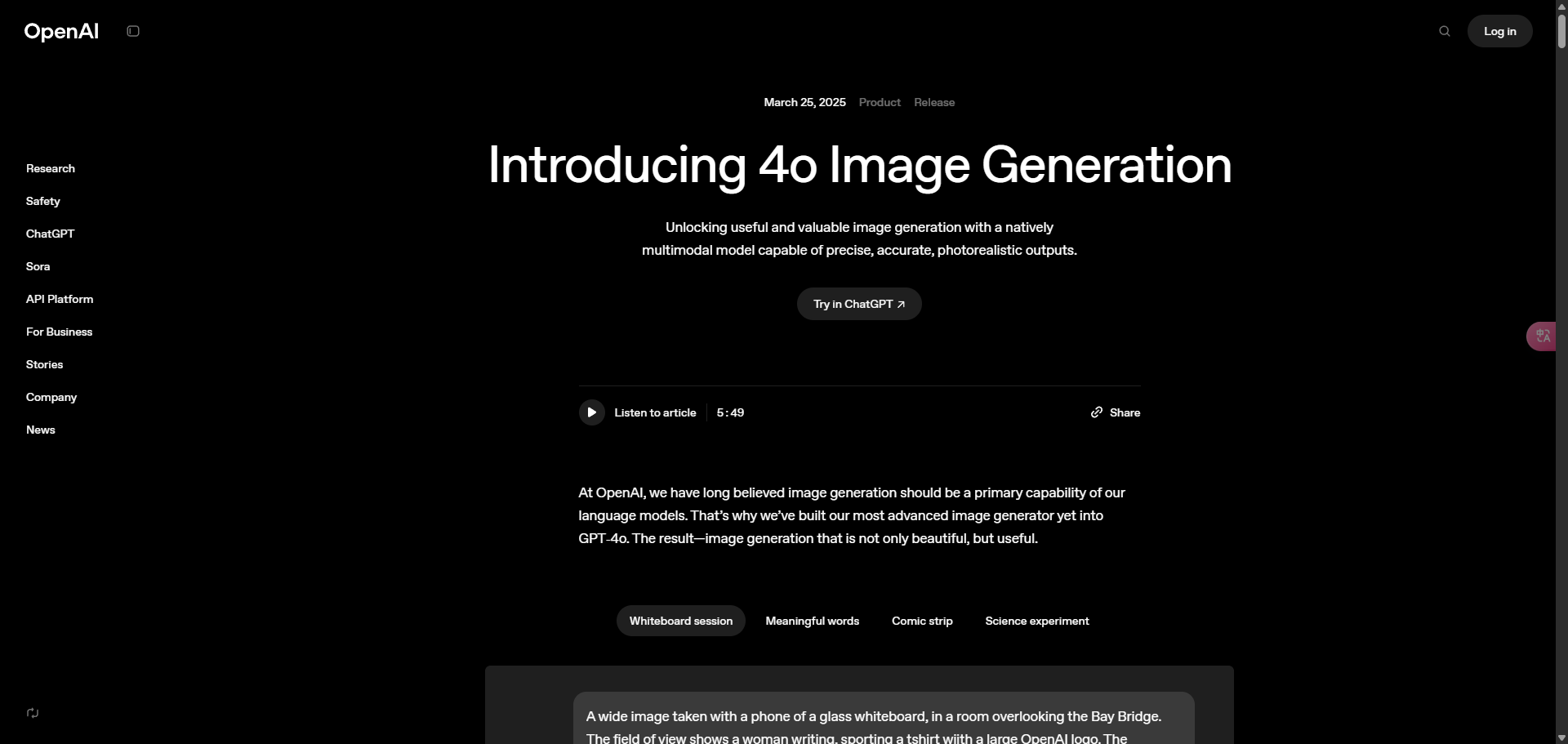 Screenshot of Official announcement of 4o Image Generation on OpenAI's website