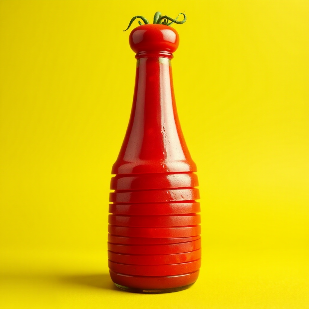 AI-edited image of the same tomato-slice ketchup bottle with background changed from red to mustard yellow using Flux Kontext editing.