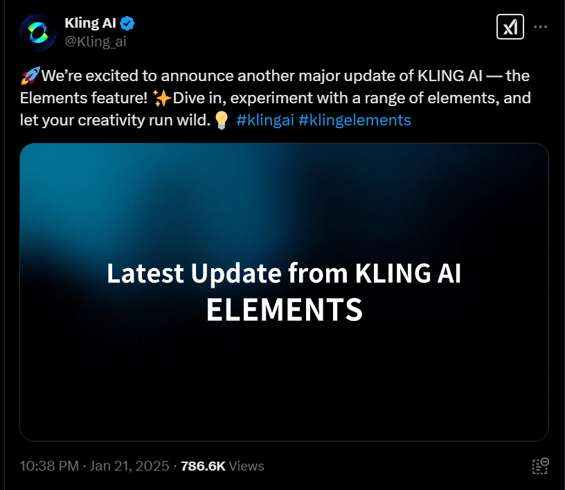 A screenshot of the official announcement on X about Kling Elements