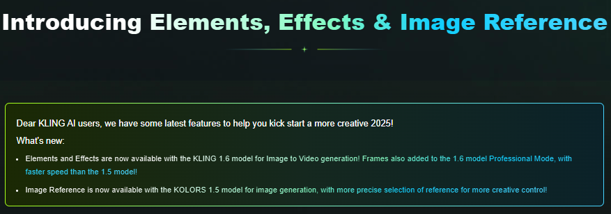 Screenshot of the official announcement on the Kling website about Kling Elements and Kling Effects